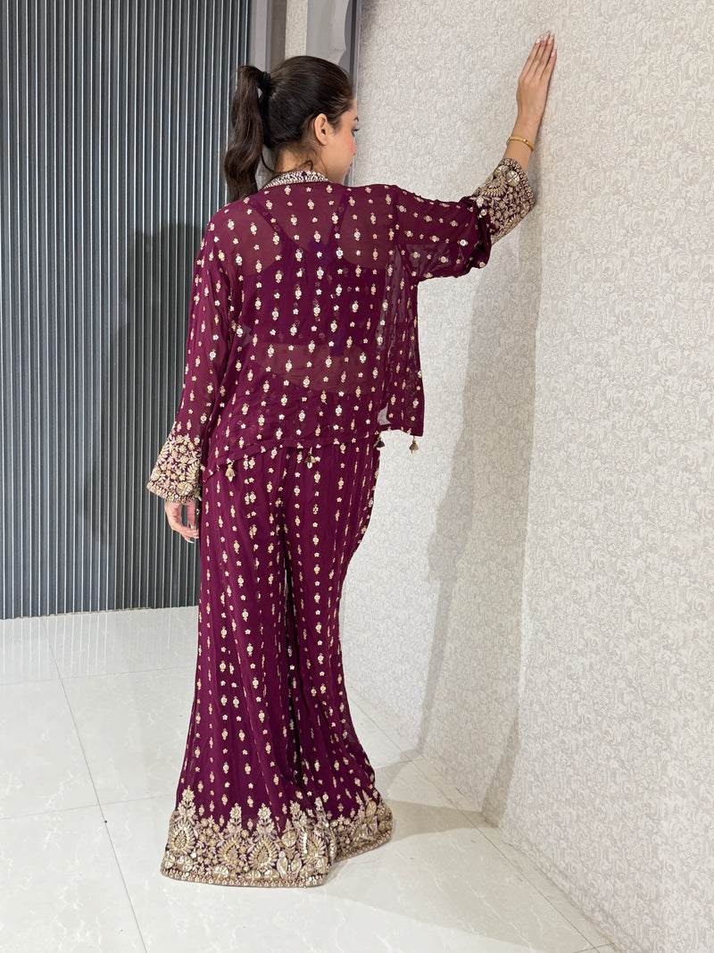 Elegant Black & Wine Georgette Ensemble with Threadwork and Embroidered Jacket