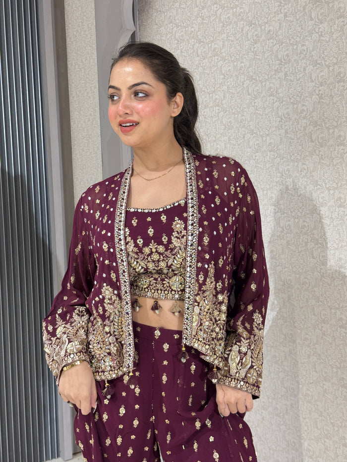 Elegant Black & Wine Georgette Ensemble with Threadwork and Embroidered Jacket