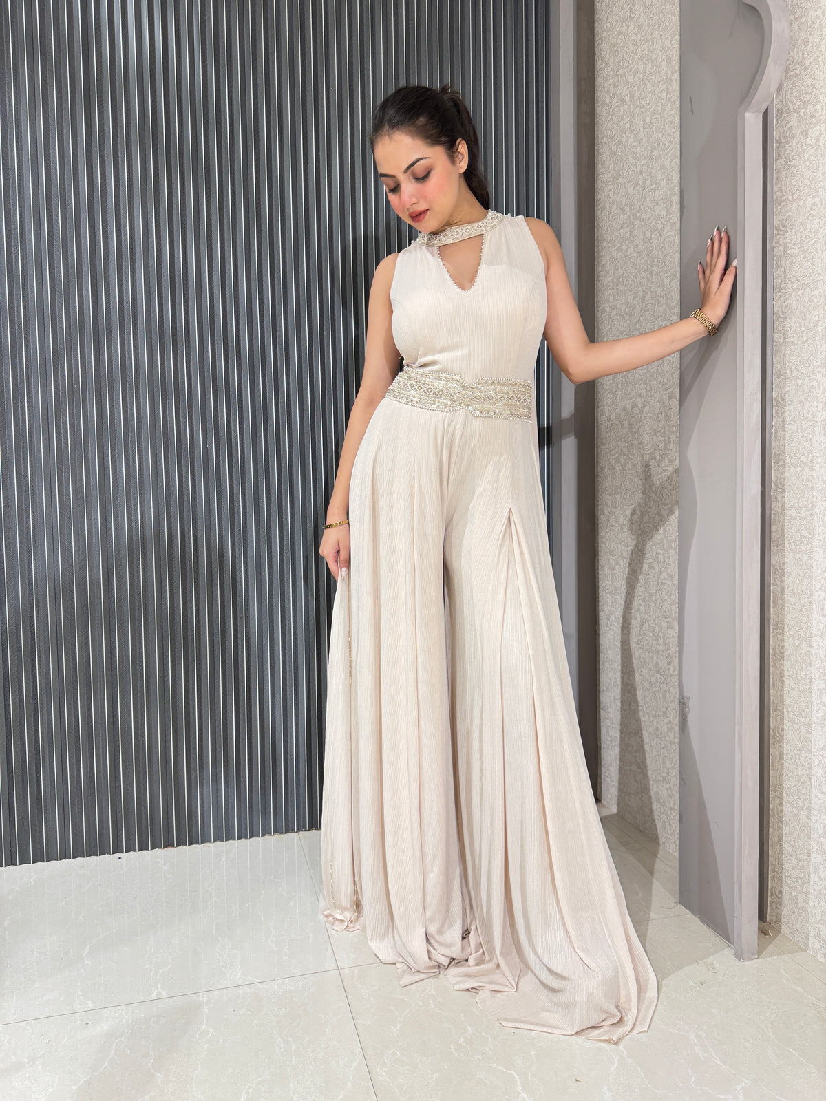 Chic Beige Lycra Jumpsuit with Handwork Belt