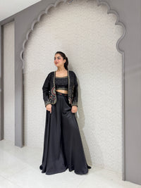 Black Silk Handwork Jacket and Blouse Set with Plazo