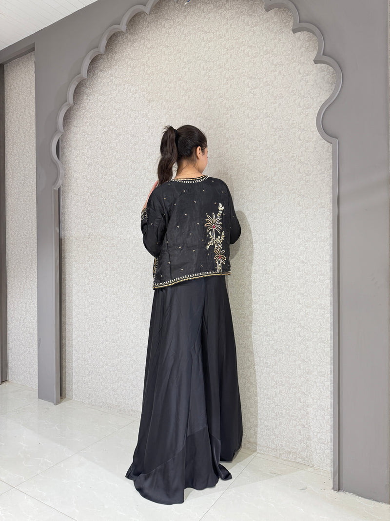 Black Silk Handwork Jacket and Blouse Set with Plazo