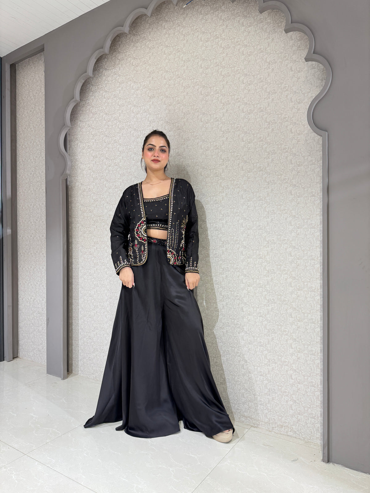 Black Silk Handwork Jacket and Blouse Set with Plazo