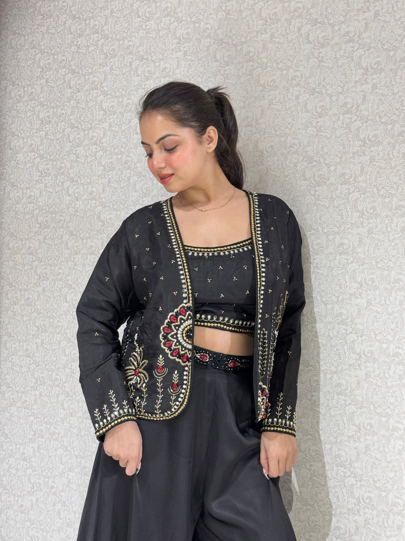 Black Silk Handwork Jacket and Blouse Set with Plazo