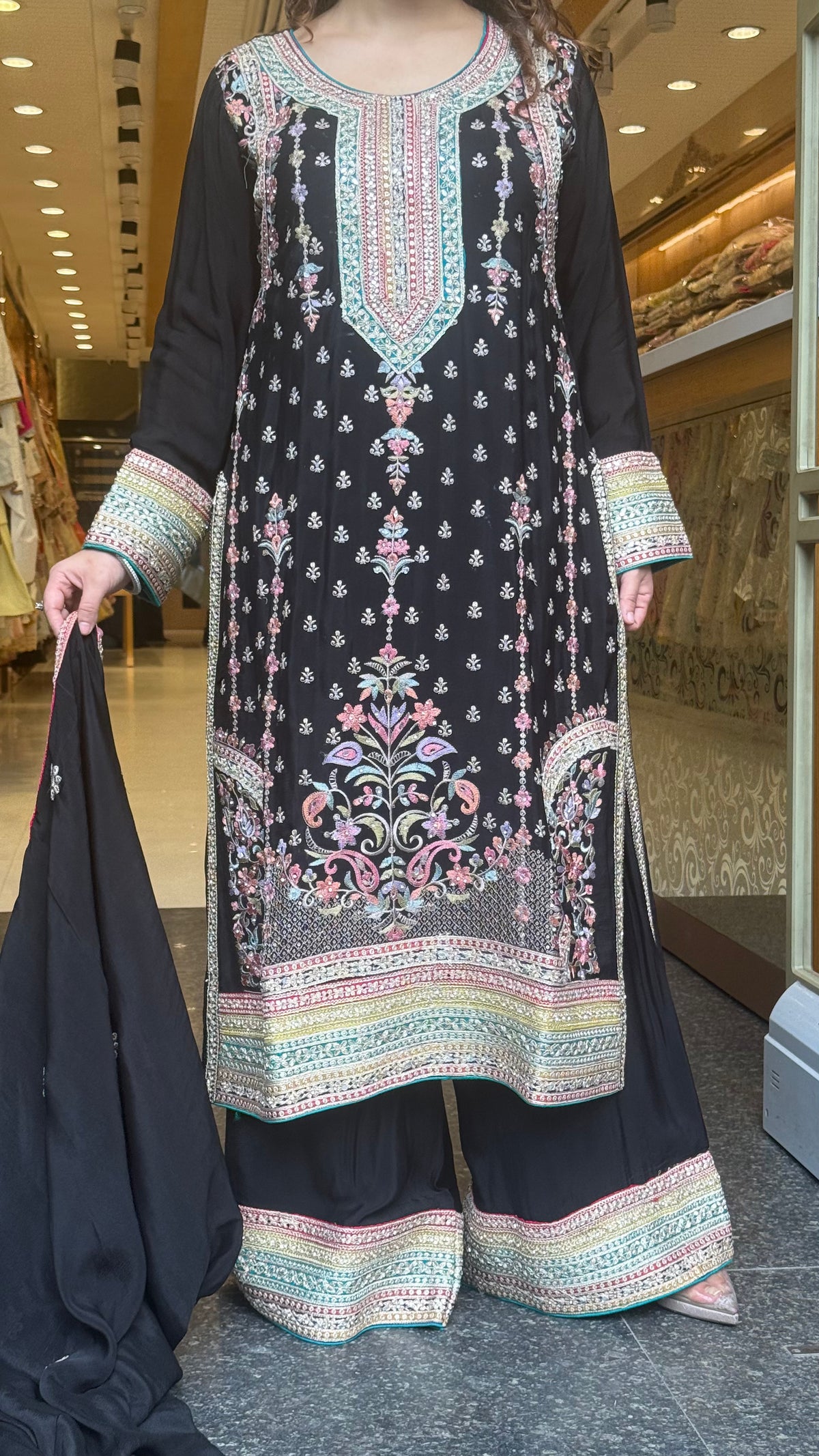 Long Pakistani Thread Embroidered Suit Set | Sizes Up to 46