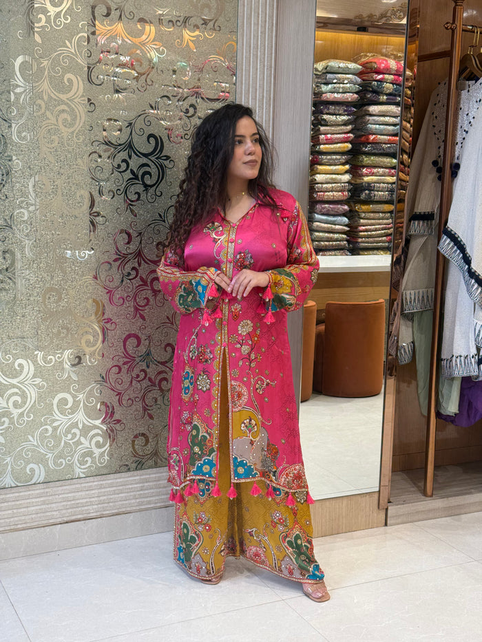 Satin Silk Co-ord Set with Digital Print, Zarkan & Shell Tassels