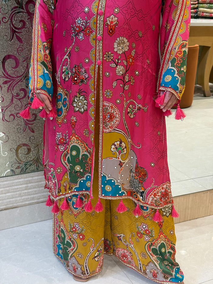 Satin Silk Co-ord Set with Digital Print, Zarkan & Shell Tassels