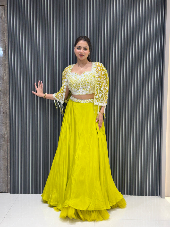 Warm White Thread and Sequin Embellished Lehenga with Cape