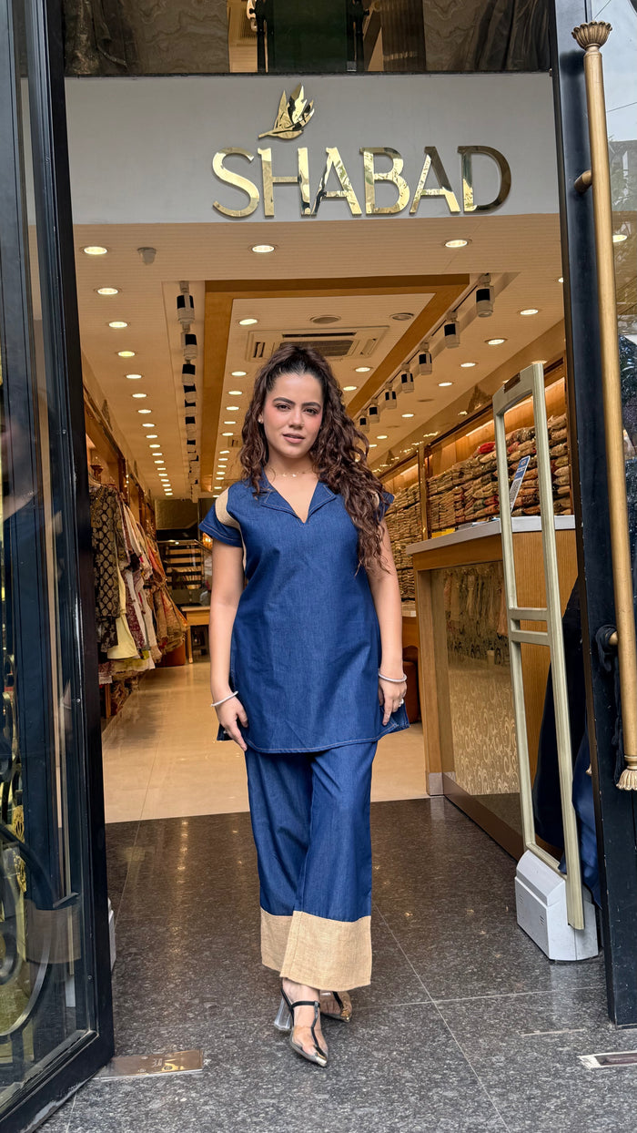 Cotton Denim Co-Ord Set with Jute Patch Work | Casual Chic | Up to Size 46