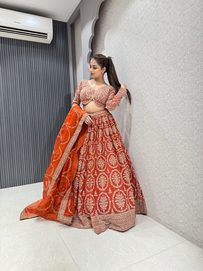 Rust Handwork Lehenga with Intricate Embroidery - Perfect for Weddings & Festive Occasions