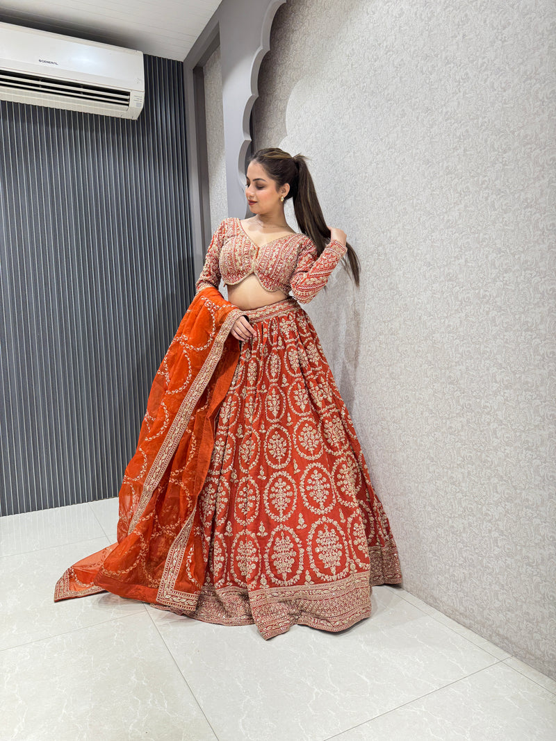 Rust Handwork Lehenga with Intricate Embroidery - Perfect for Weddings & Festive Occasions