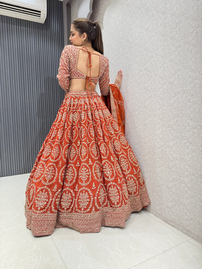 Rust Handwork Lehenga with Intricate Embroidery - Perfect for Weddings & Festive Occasions