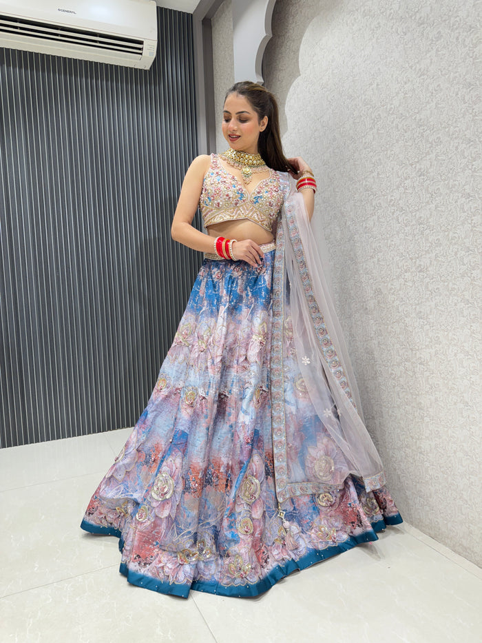 Elegant Printed Lehenga with Handcrafted Embellished Blouse – Perfect for Festive and Wedding Wear