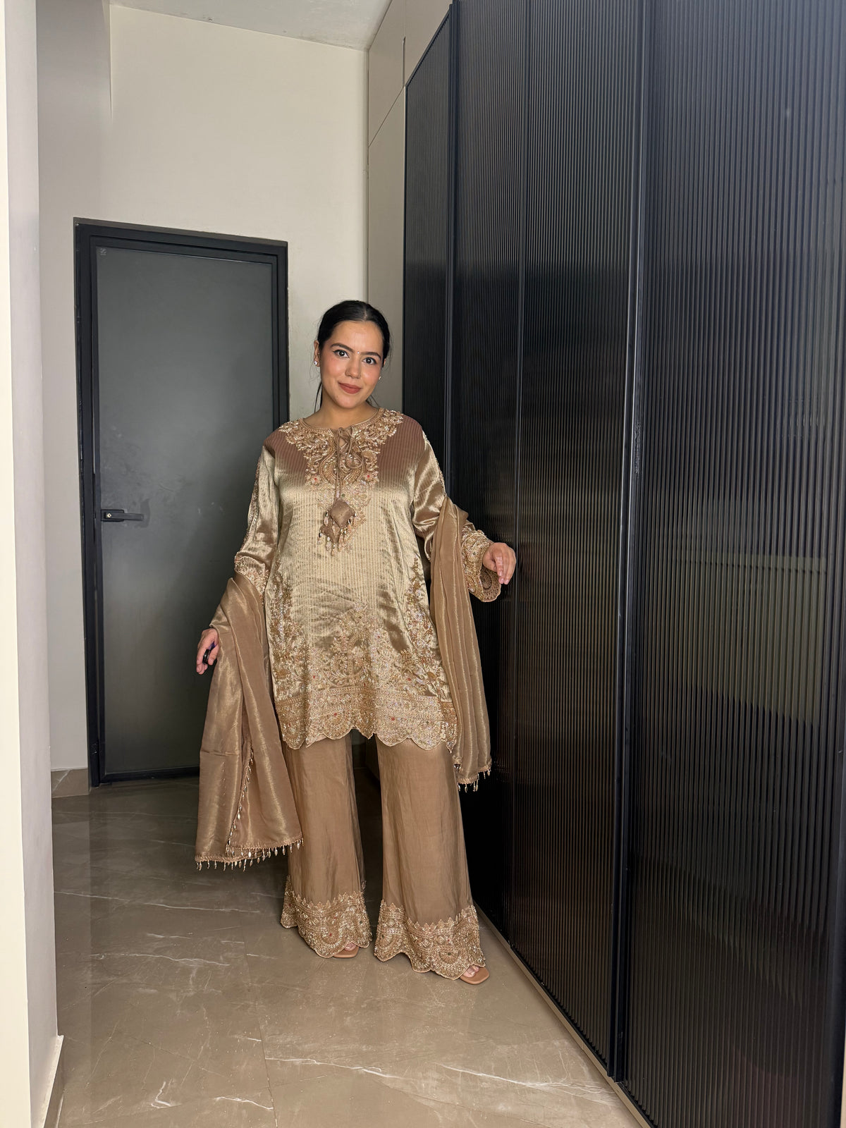 Banarsi Shimmer Silk Shirt Set with Beads Work (fabric texture different available design same)