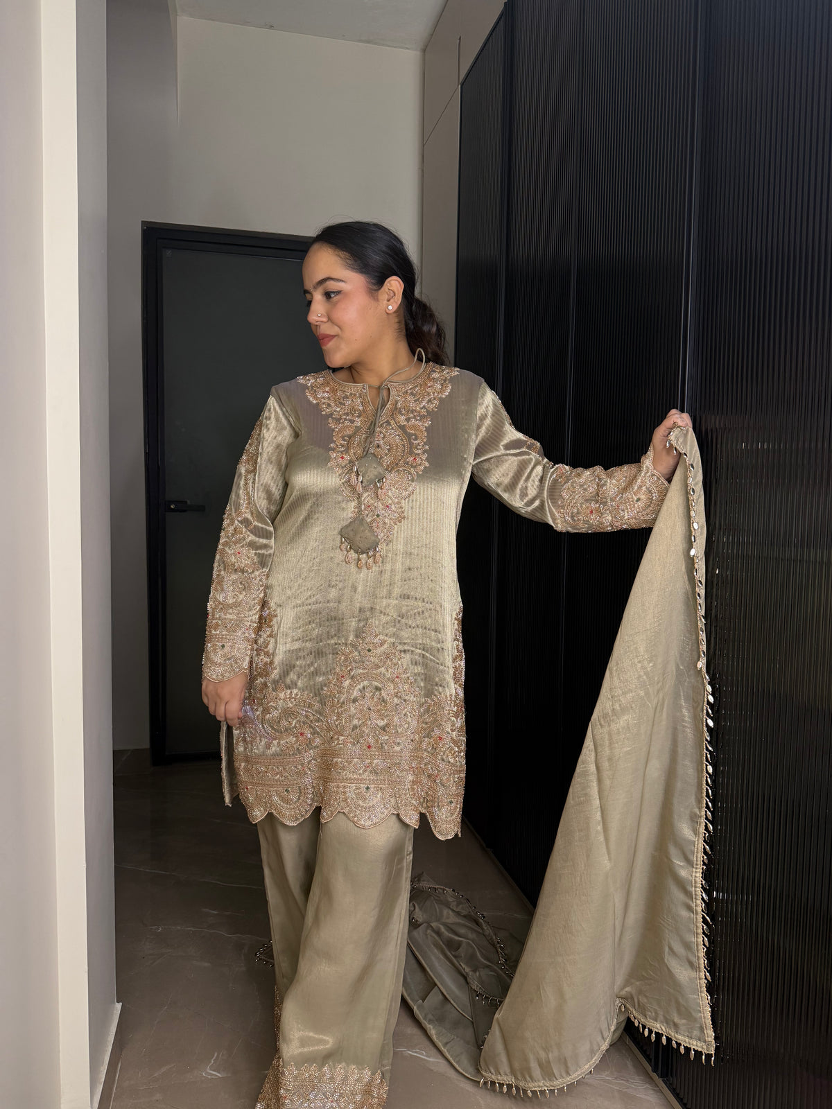 Banarsi Shimmer Silk Shirt Set with Beads Work