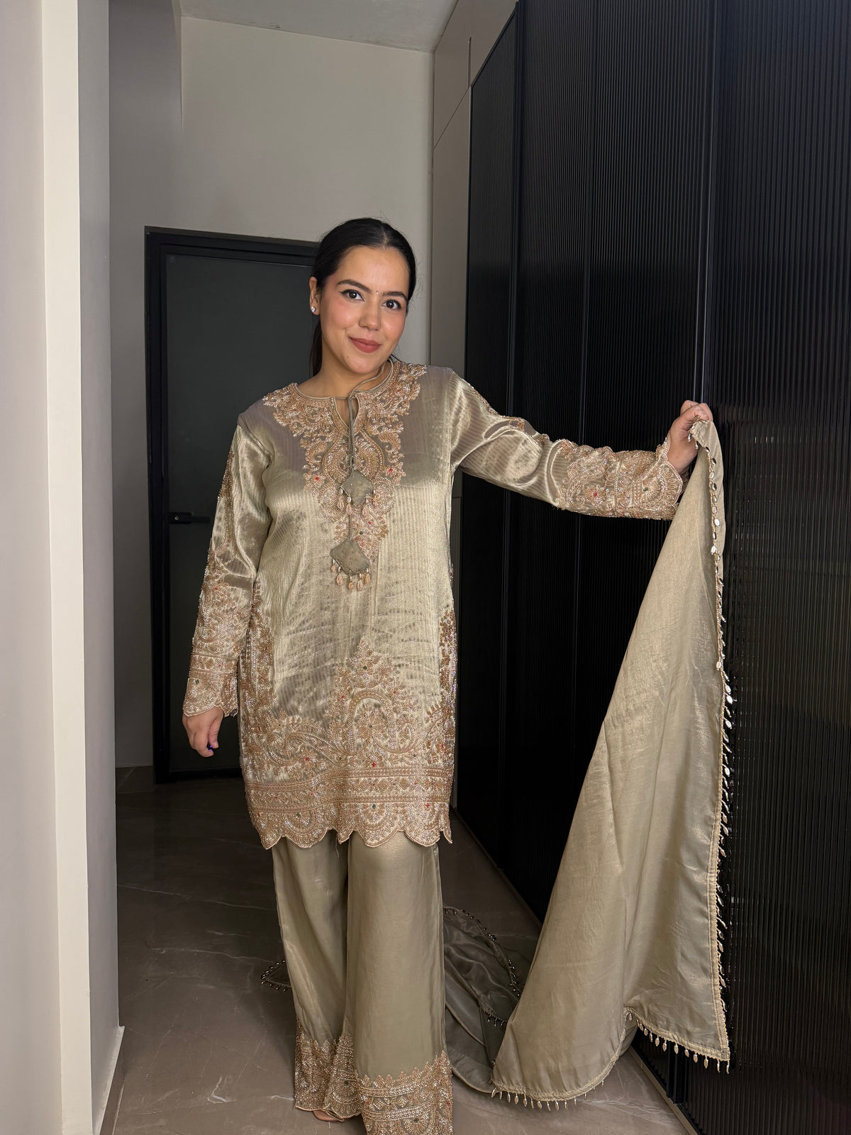 Banarsi Shimmer Silk Shirt Set with Beads Work