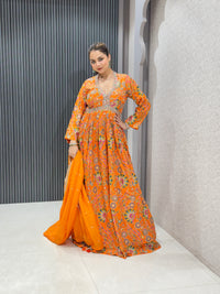 Digital Print Gown with Zari Outline & Dupatta