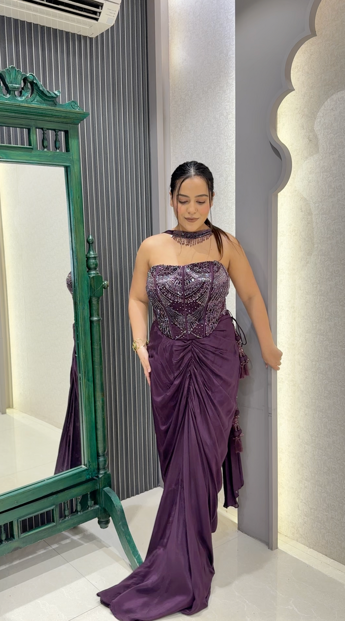 Handwork Corset with Crepe Saree Set