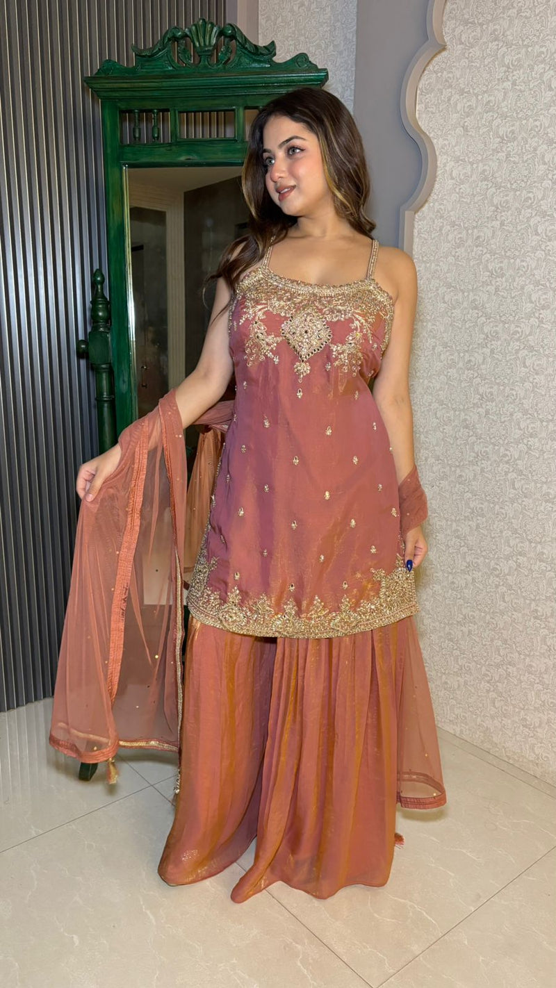 Glass Tissue Suit with Dori, Pearl & Mirror Work | Elegant Finish