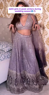 Purple Mirror Work V-Neck Crop Top & Plazo Set with Zari Dupatta – Glamorous Festive Ensemble