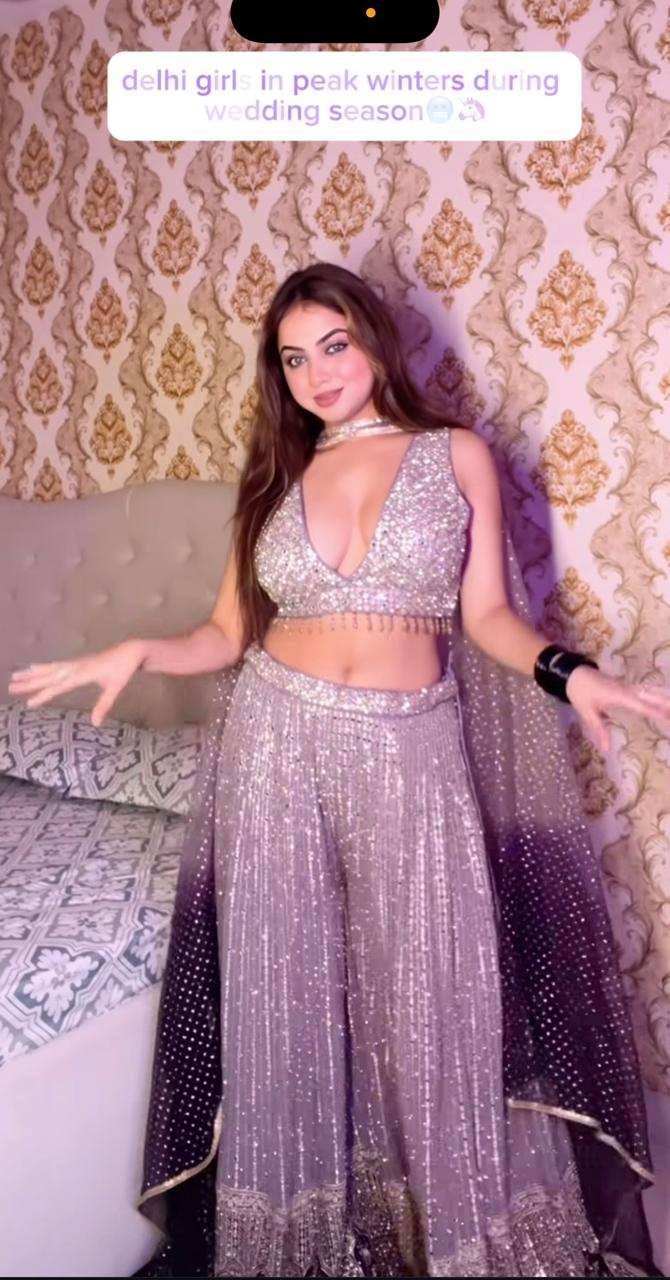 Purple Mirror Work V-Neck Crop Top & Plazo Set with Zari Dupatta – Glamorous Festive Ensemble