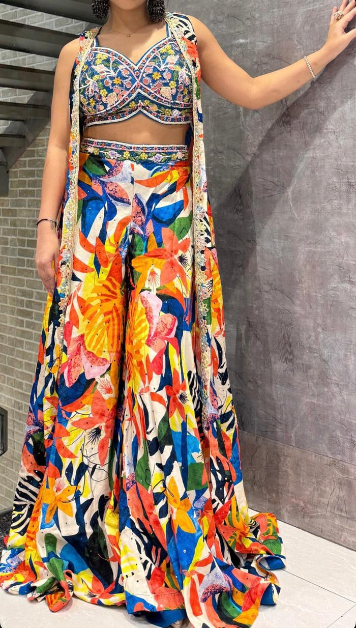 Colorful Handwork Pearl Crop Top with Cape & Plazo – Pure Silk Festive Ensemble