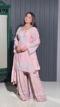 Elegant Chinon Ensemble with Mirror, Zarkan, Swarovski, and Thread Aari Embroidery