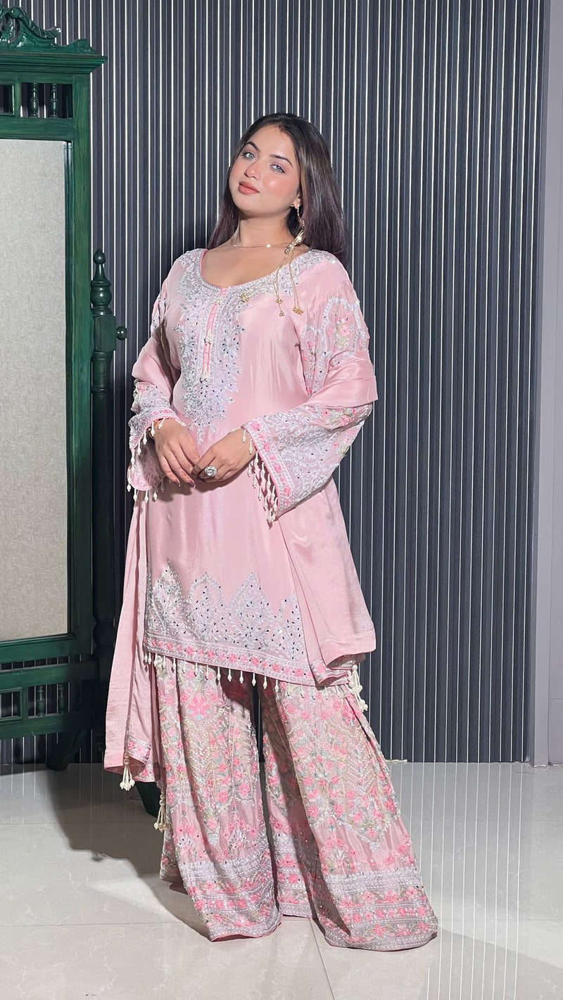 Elegant Chinon Ensemble with Mirror, Zarkan, Swarovski, and Thread Aari Embroidery