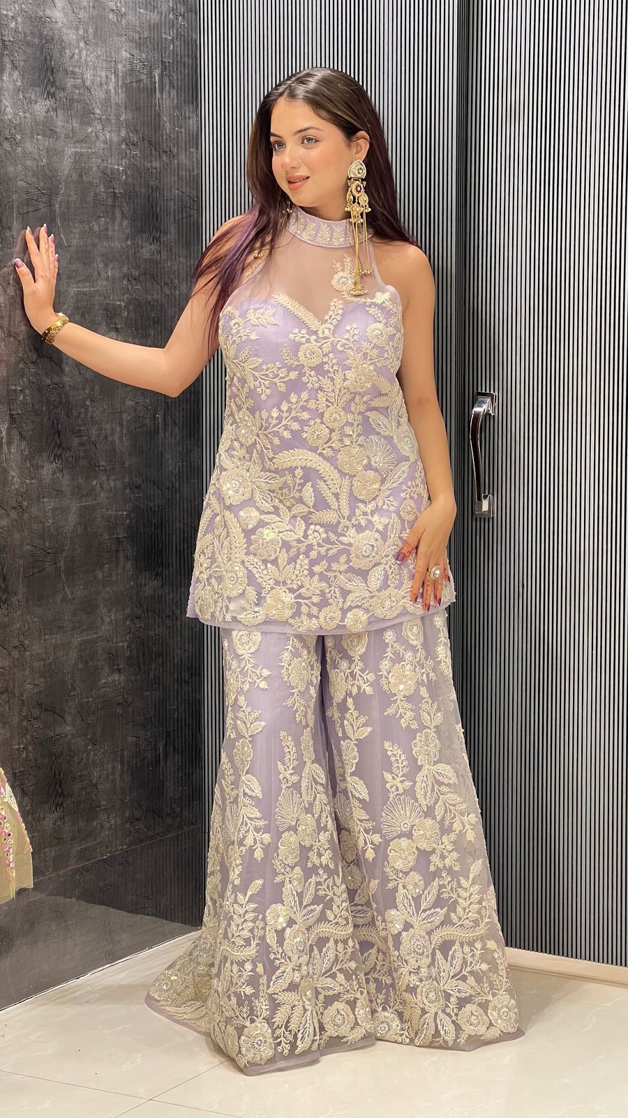 Exquisite Net Fabric Ensemble with Dori Work, Sequins, and White Cutdana Embellishments