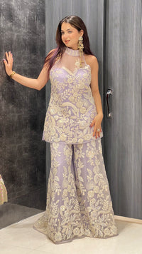 Exquisite Net Fabric Ensemble with Dori Work, Sequins, and White Cutdana Embellishments