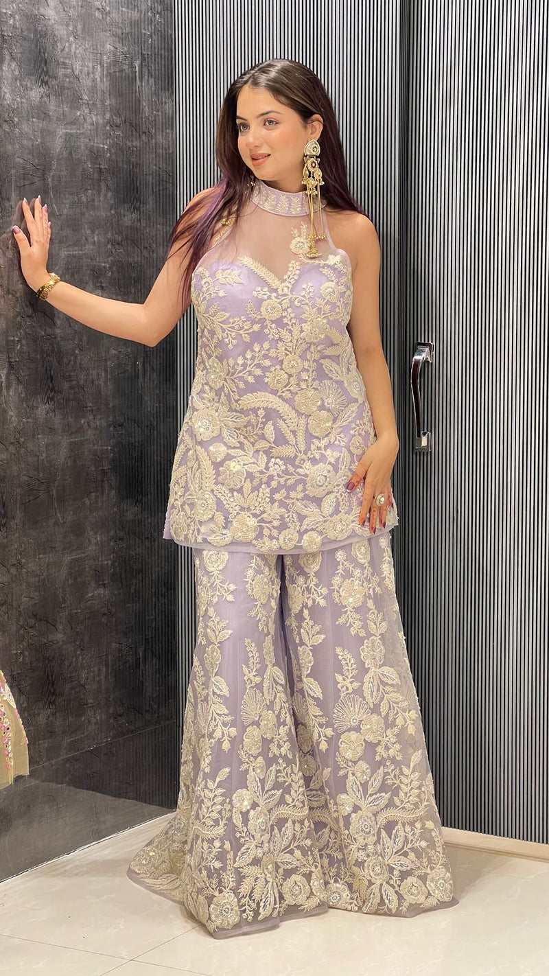 Exquisite Net Fabric Ensemble with Dori Work, Sequins, and White Cutdana Embellishments
