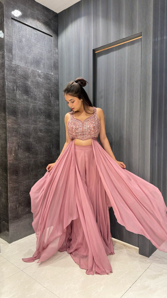 Elegant Indo-Western Ensemble with Handcrafted Pearl and Mirror Work