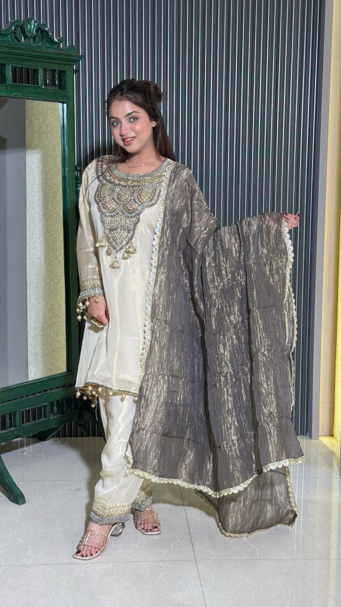 Ethereal Tissue Shimmer Suit – Elegant Festive Ensemble
