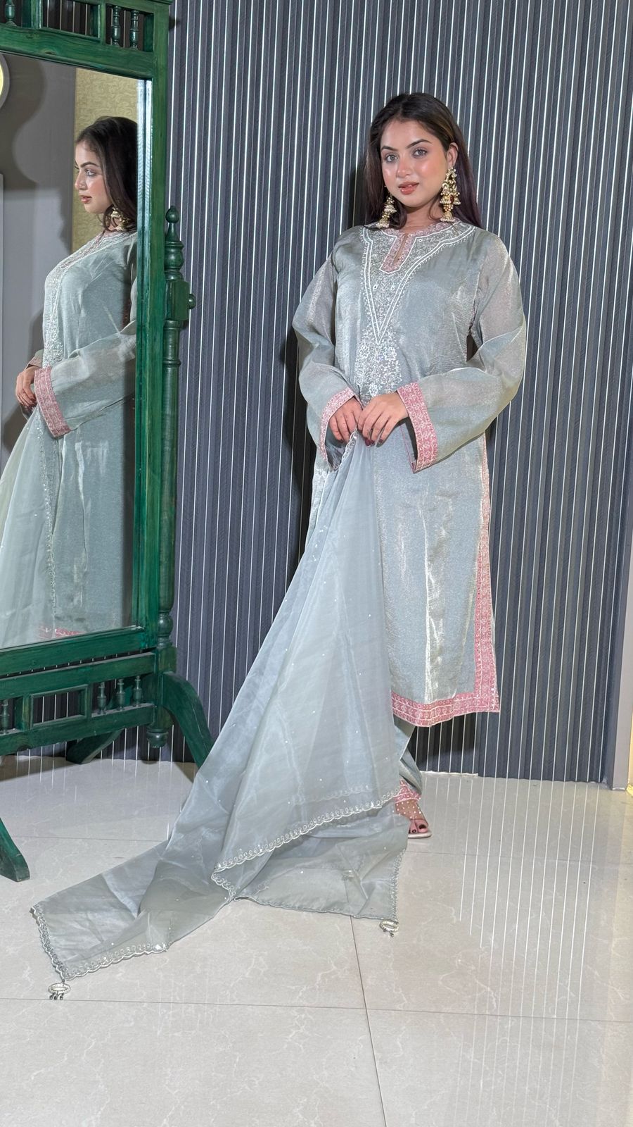 Ethereal Tissue Shimmer Suit – Elegant Festive Ensemble
