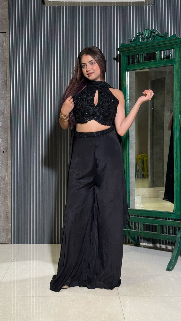 Elegant Indowestern Set with Handwork Blouse & Chinon Bottom