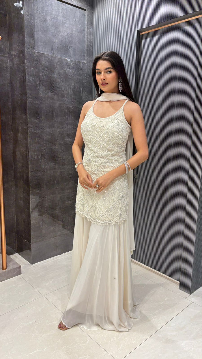Celestial Bloom: Georgette Suit with Sequin & Pearl Handwork