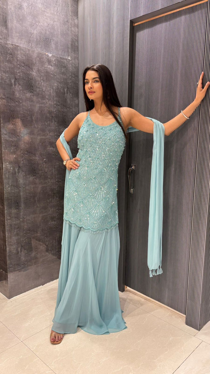 Celestial Bloom: Georgette Suit with Sequin, Cutdana & Pearl Detailing