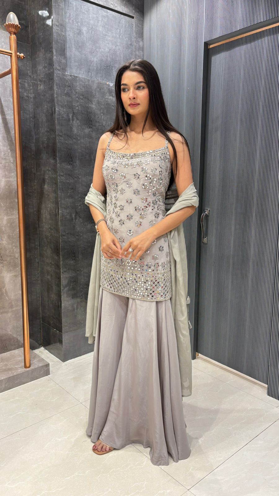 Starlit Grace: Georgette Mirror Work Suit Set