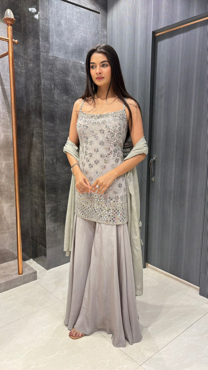 Starlit Grace: Georgette Mirror Work Suit Set