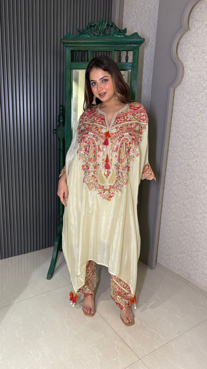 Kashmiri Embroidery Kaftan Coord Set in Shimmer Organza