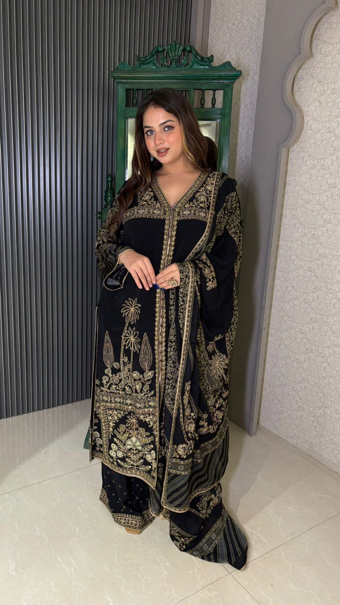Crepe Digital Print Suit with Zari Outline & Gotta