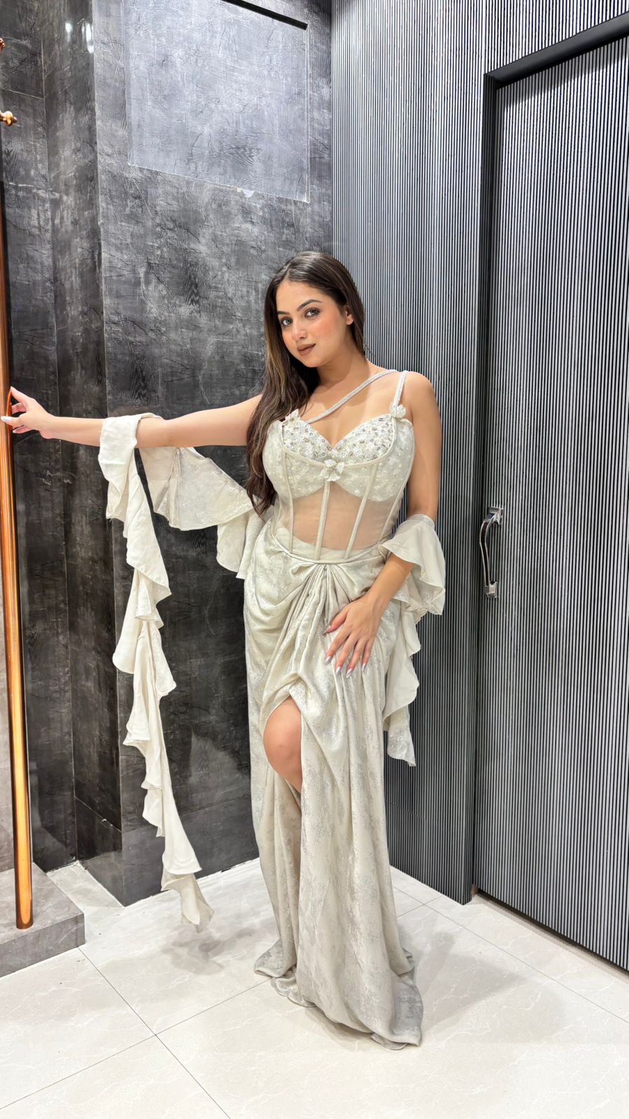 Lycra Saree with Pearl, Cut Dana & Mirror Work Corset Blouse