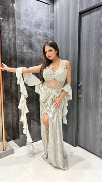 Lycra Saree with Pearl, Cut Dana & Mirror Work Corset Blouse