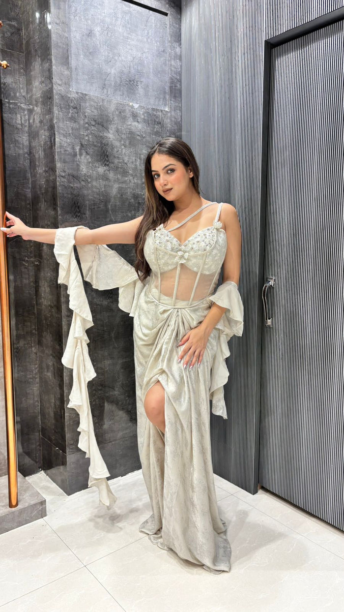 Lycra Saree with Pearl, Cut Dana & Mirror Work Corset Blouse
