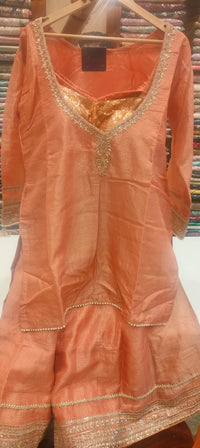 Lime Yellow & Peach Handworked Suit Set with Sequin Blouse – 3 Piece