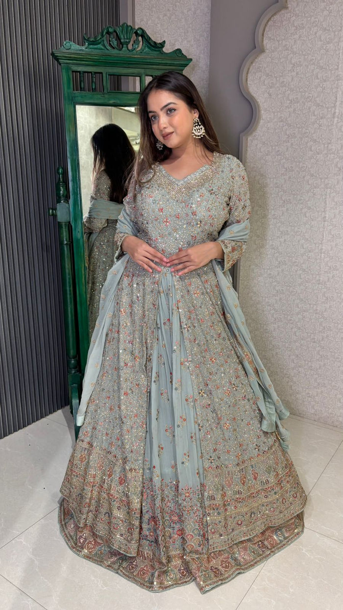 Neem Zari Lehenga with Intricate Thread Embroidery