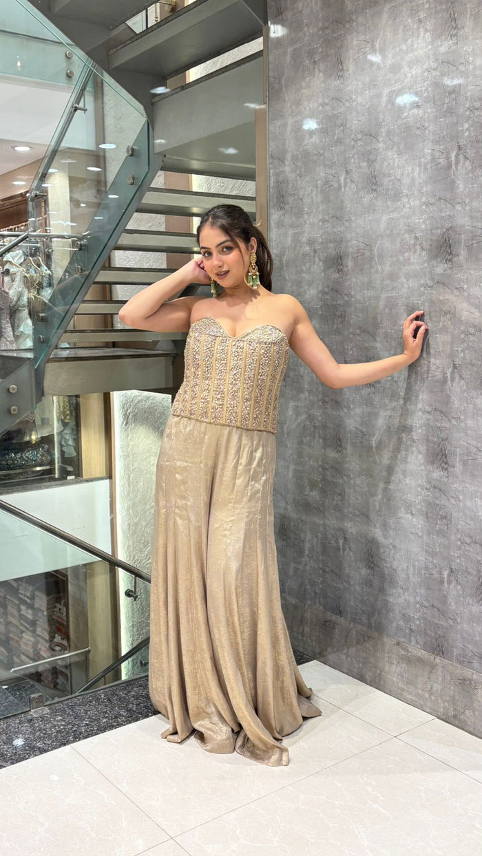 Indo-Western Set with Corset Blouse & Silk Bottom – Sequin Handwork