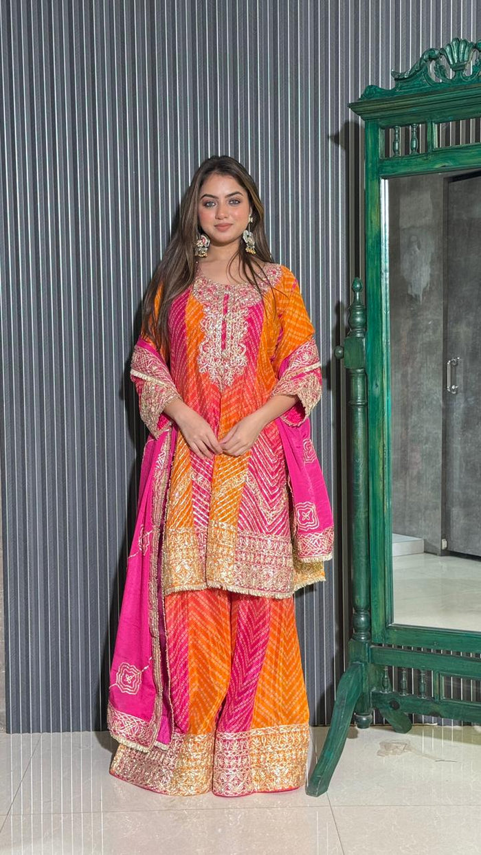 Bandhani Print Chinon Suit with Gota Work | Elegant Festive Wear