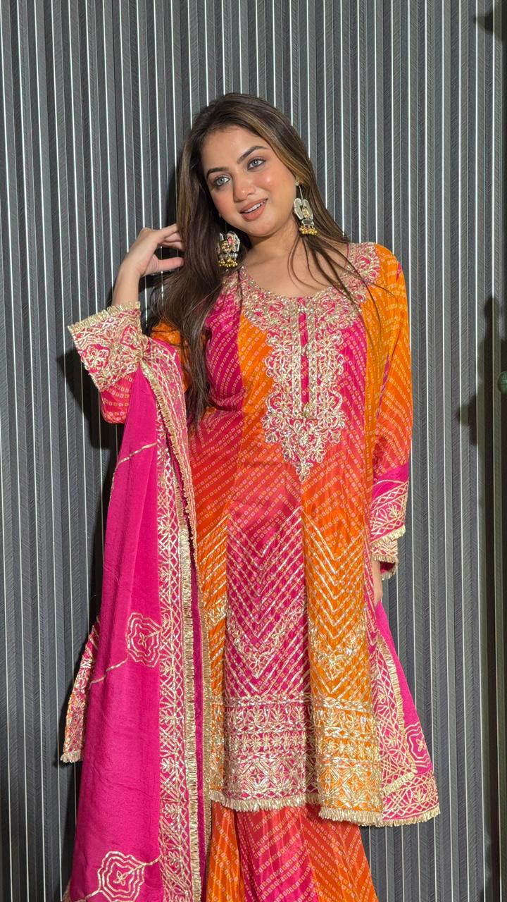 Bandhani Print Chinon Suit with Gota Work | Elegant Festive Wear