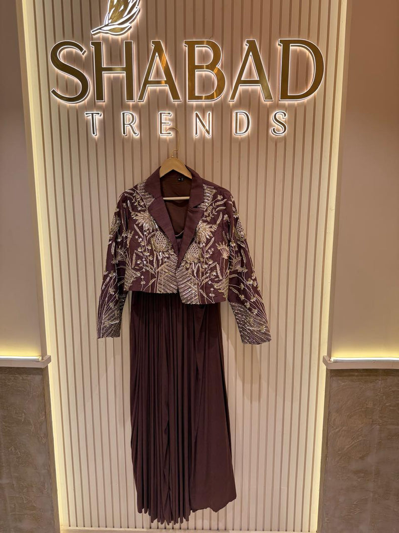 Elegant Handwork Short Jacket Set with Draped Skirt and Belt