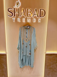 Elegant Crepe Kaftan Set with Pearl Detailing & Coin Tassels